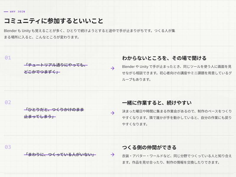コミュニティに参加するといいこと。「チュートリアル通りにやっても、どこかでつまずく」などの悩みに線を引き、答えを示す3行