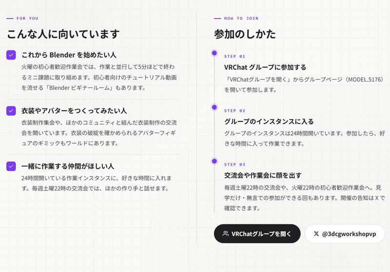 ベリープアのページの「こんな人に向いています」と「参加のしかた」。3つのステップと、VRChat グループ・X へのボタン