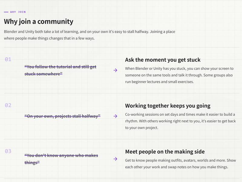 Why join a community: three rows that strike through worries like "I follow the tutorial and still get stuck somewhere" and point to an answer