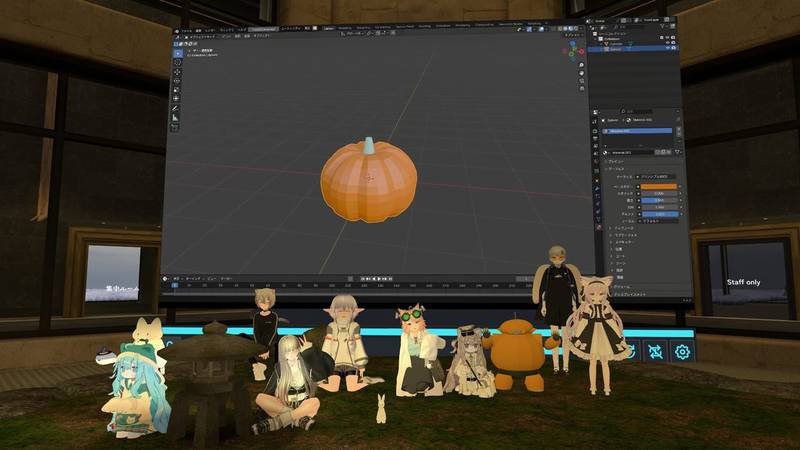 Beginner session #6, the Halloween edition (October 20, 2026). Everyone modeled a pumpkin together with Blender up on the big screen