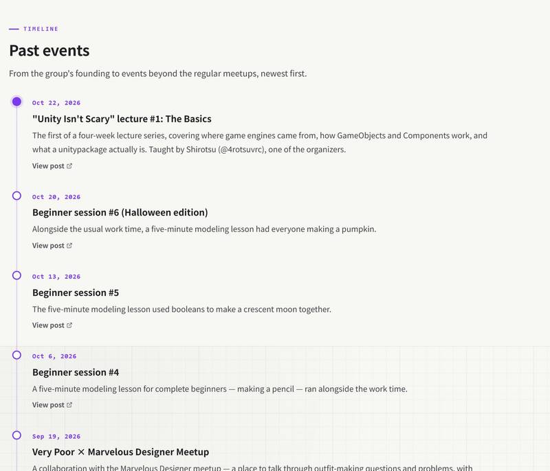 The "Past events" section on Very Poor's VRCFinder page, listing dates, details and links to the original posts, newest first