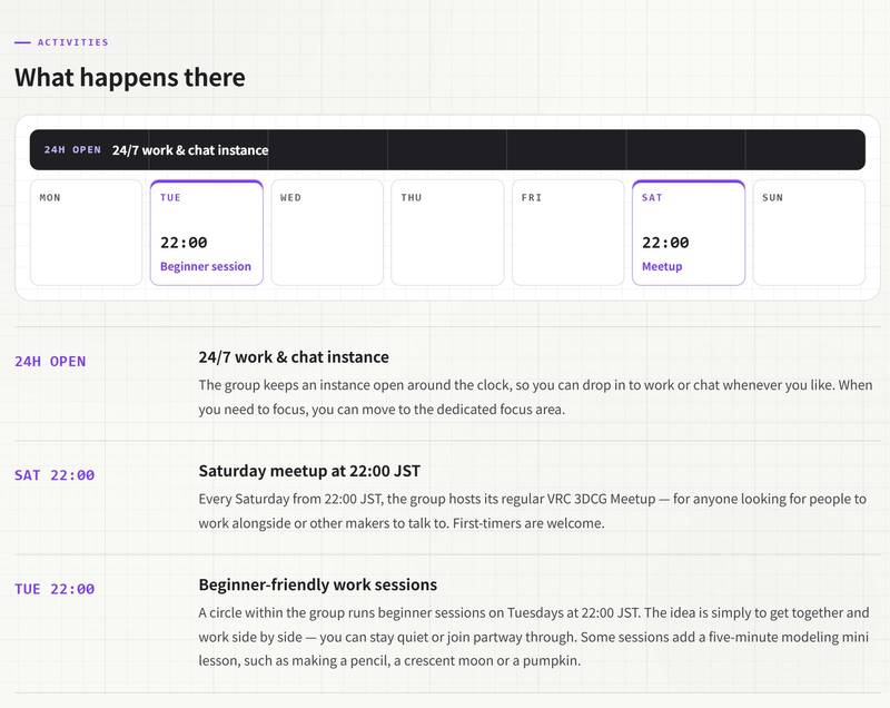 Very Poor's weekly schedule: the 24/7 work & chat instance spans the whole week, with a beginner session on Tuesday at 22:00 and a meetup on Saturday at 22:00