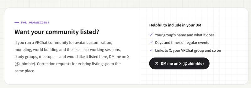 The "Want your community listed?" section of the page: three things to include in a DM, and a button to reach me on X