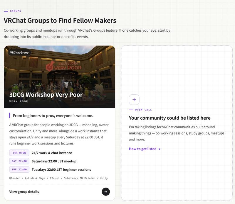 The list of VRChat groups for finding fellow makers: a card with the group's photo and its 24/7, Saturday 22:00 and Tuesday 22:00 activities